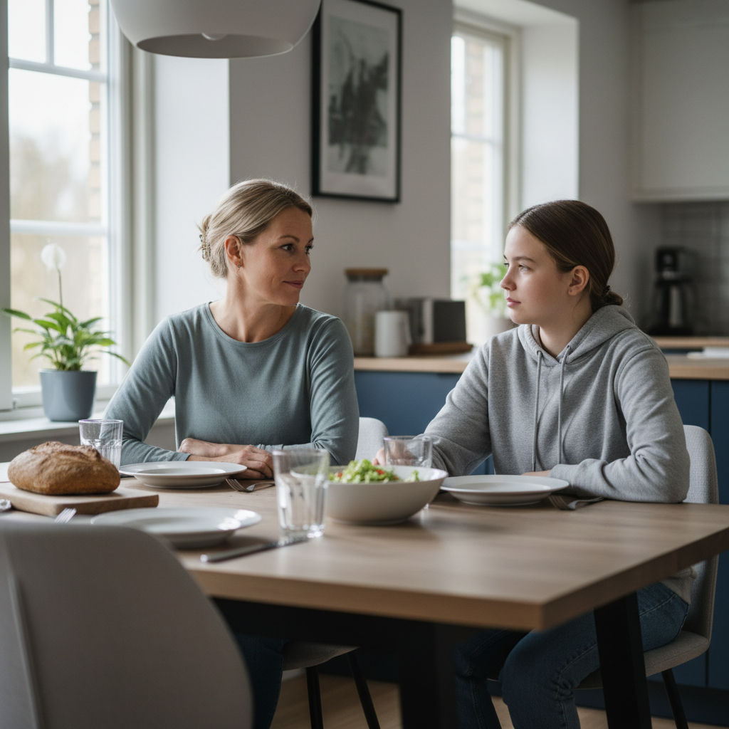 Mamma som pratar med sin dotter