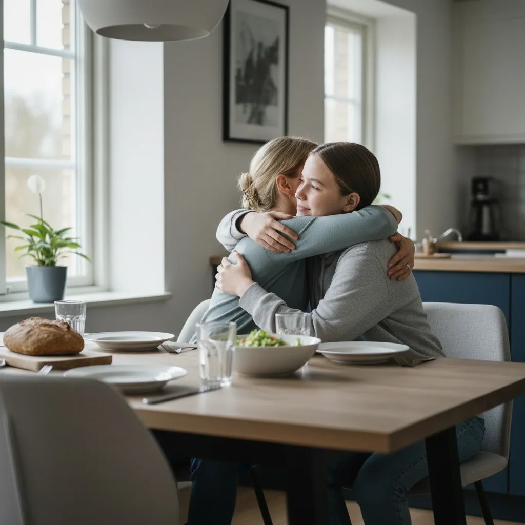 Mamma som kramar sin dotter